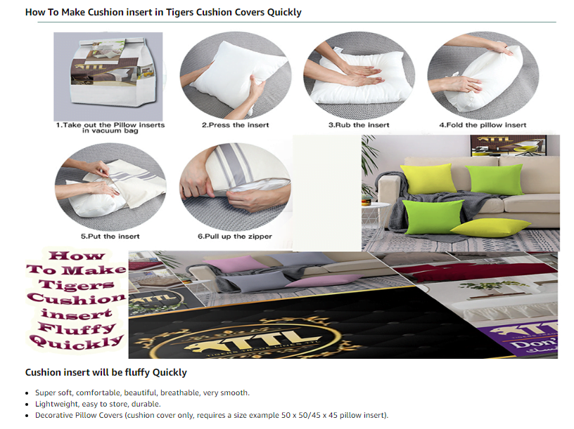 Tigers Trade Lines Brand : Tigers Trade Lines Set of 4 pillow/cushion inserts with high-quality fiber filling. Made from luxurious Egyptian Cotton for ultimate comfort. Easy insertion feature for hassle-free use with cushion covers. Suitable for home, hotels, offices, cafes, and gardens. Available in multiple sizes (40 cm * 40 cm), (45 cm * 45 cm), (50 cm * 50 cm), and (60 cm * 60 cm). Enhances the ambiance of sofas, beds, and outdoor spaces. Durable construction ensures long-lasting performance. Complements various home decor styles. Machine washable for convenient maintenance. Fluff regularly to maintain shape and loftiness. Please allow 1~2cm deviation because of hand-cutting and sewing.